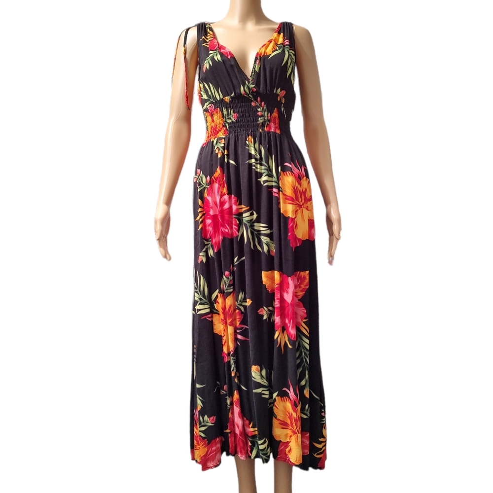 Black Tropical Print Midi Dress sz Medium